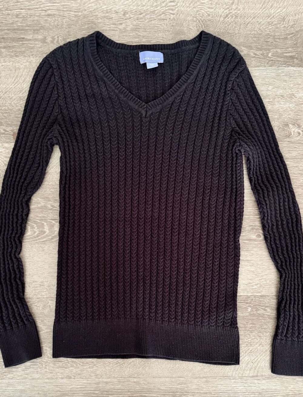 Laura Scott V-Neck Ribbed Knit Sweater Size M Black Pullover